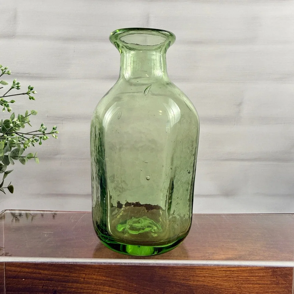 Hand Blown Green Glass Bud Vase Bottle Olive Green Artisan Vase